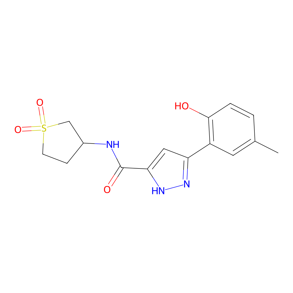 N-(1,1-dioxidotetrahydrothiophen-3-yl)-5-(2-hydroxy-5-methylphenyl)-1H-pyrazole-3-carboxamide molecular structure, CAS 1273555-75-1