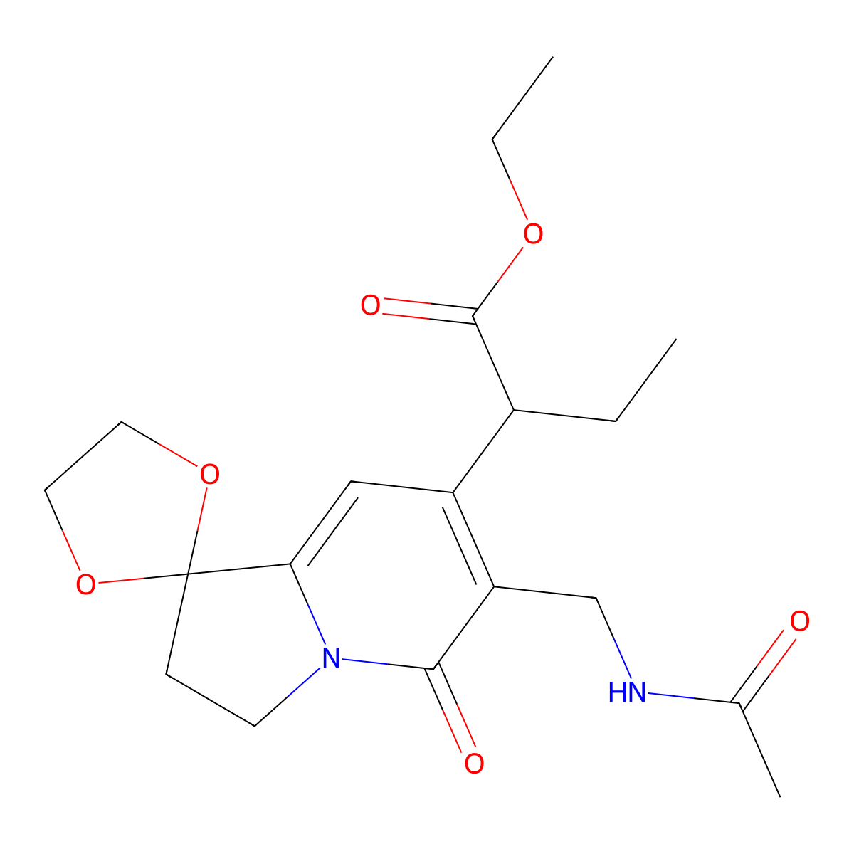 Ethyl 2-(6-(acetamidomethyl)-5-oxo-2,3-dihydro-5H-spiro[indolizine-1,2'-[1,3]dioxolan]-7-yl)butanoate molecular structure, CAS 127452-30-6