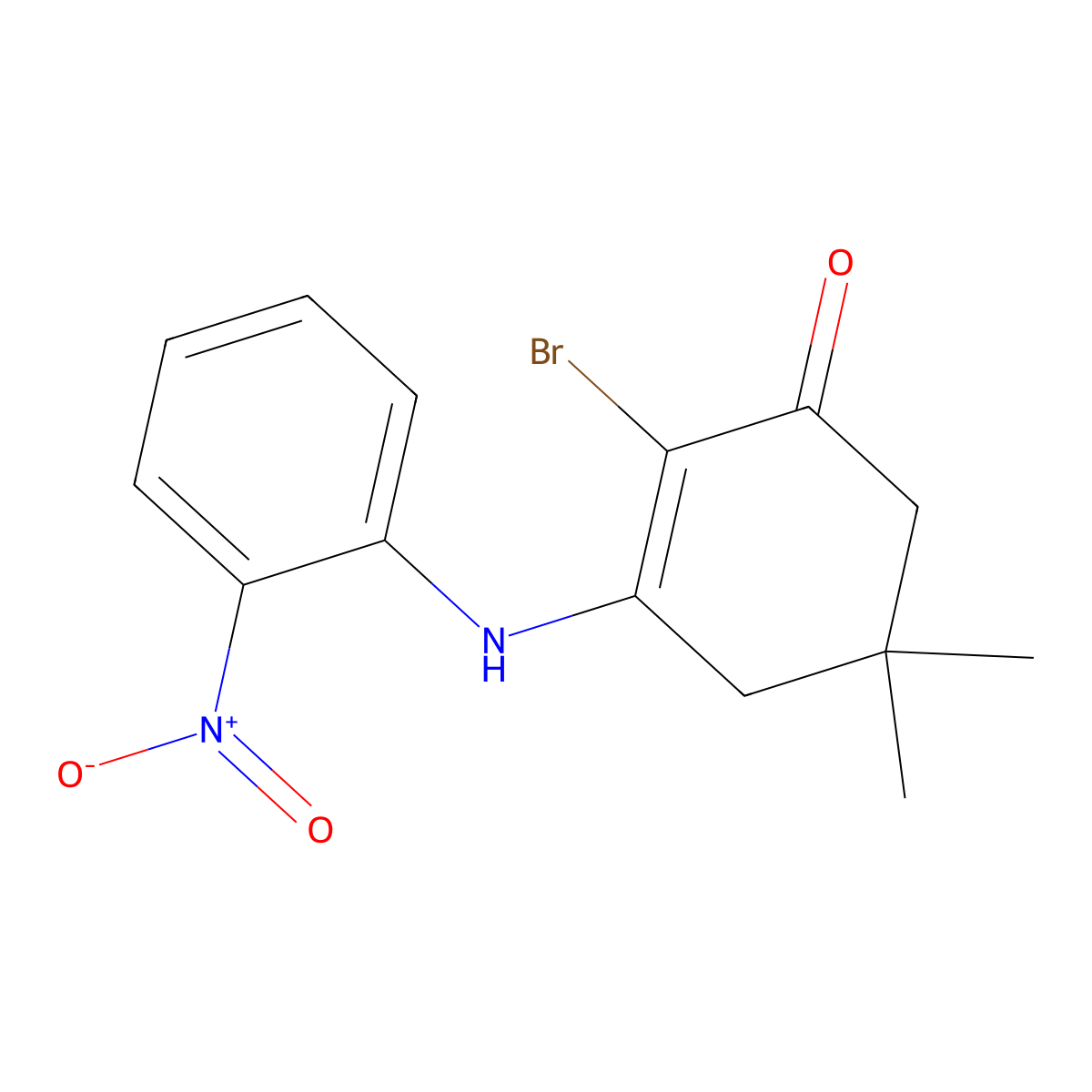 2-Bromo-5,5-dimethyl-3-((2-nitrophenyl)amino)cyclohex-2-EN-1-one molecular structure, CAS 1274892-27-1