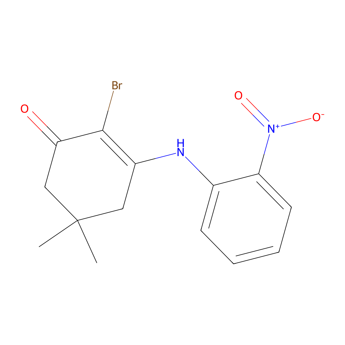 2-Bromo-5,5-dimethyl-3-((2-nitrophenyl)amino)cyclohex-2-EN-1-one molecular structure, CAS 1274892-27-1