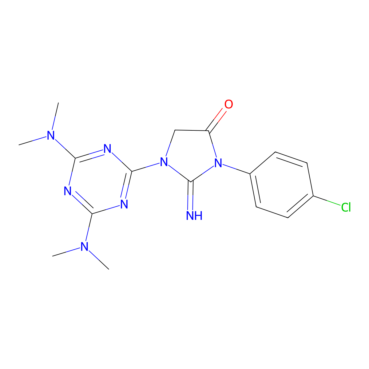 1-[4,6-Bis(dimethylamino)-1,3,5-triazin-2-yl]-3-(4-chlorophenyl)-2-iminoimidazolidin-4-one molecular structure, CAS 127531-81-1