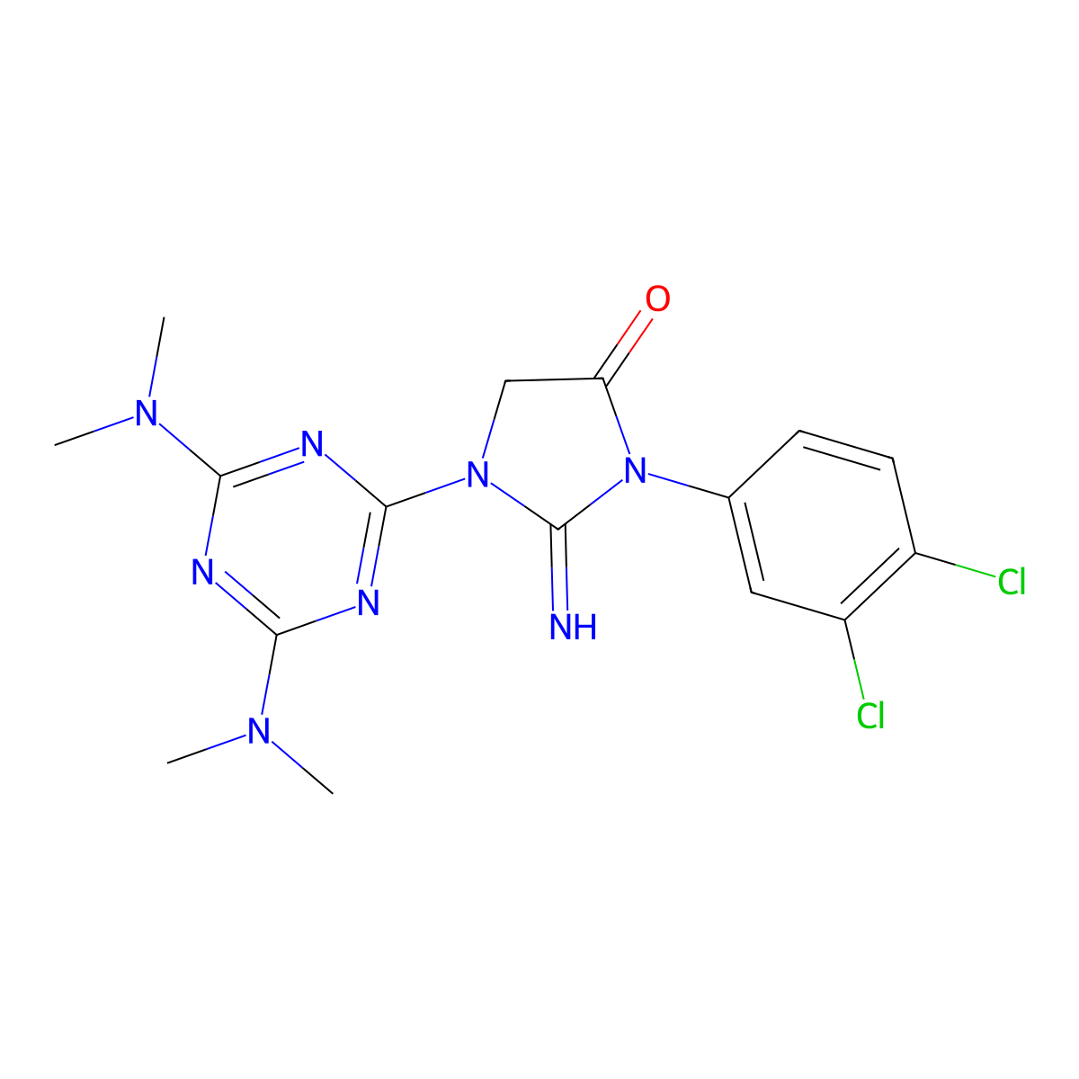 1-[4,6-Bis(dimethylamino)-1,3,5-triazin-2-yl]-3-(3,4-dichlorophenyl)-2-iminoimidazolidin-4-one molecular structure, CAS 127531-82-2
