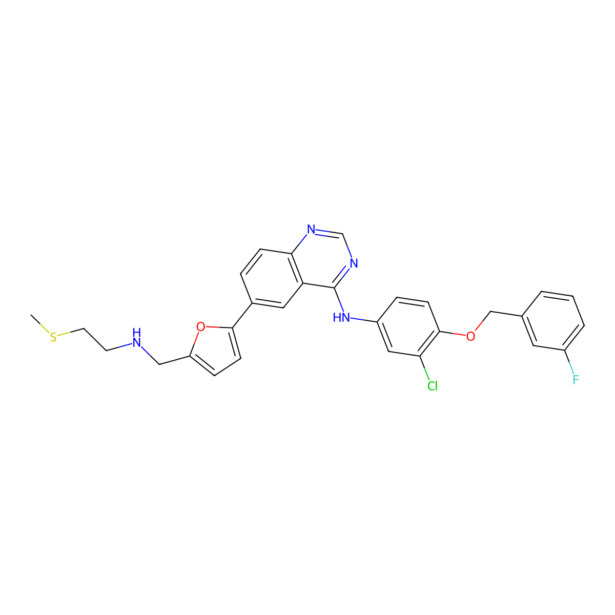 N-(3-chloro-4-((3-fluorobenzyl)oxy)phenyl)-6-(5-(((2-(methylthio)ethyl)amino)methyl)furan-2-yl)quinazolin-4-amine molecular structure, CAS 1275595-87-3