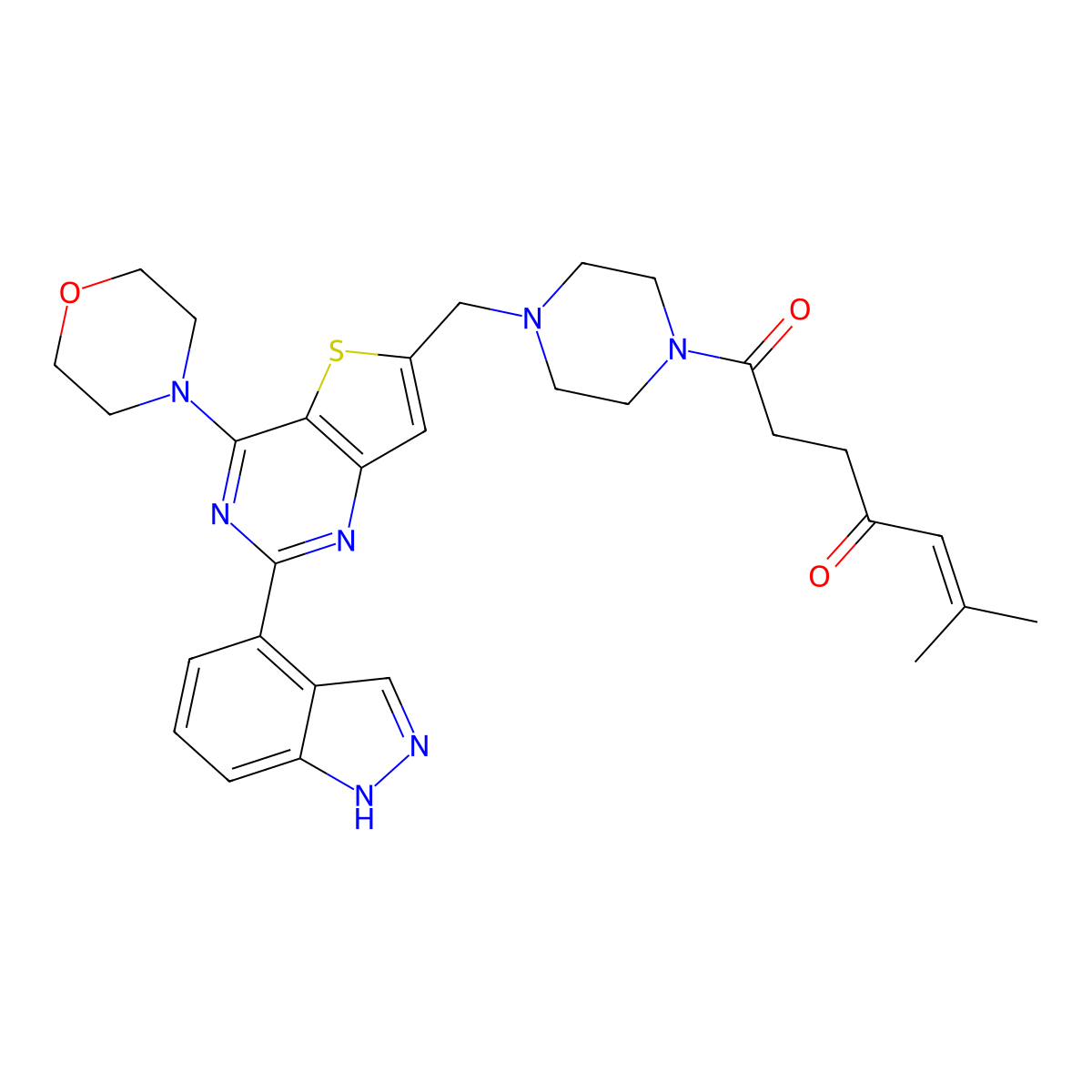 1-(4-{[2-(1H-indazol-4-yl)-4-(morpholin-4-yl)thieno[3,2-d]pyrimidin-6-yl]methyl}piperazin-1-yl)-6-methylhept-5-ene-1,4-dione molecular structure, CAS 1276105-89-5