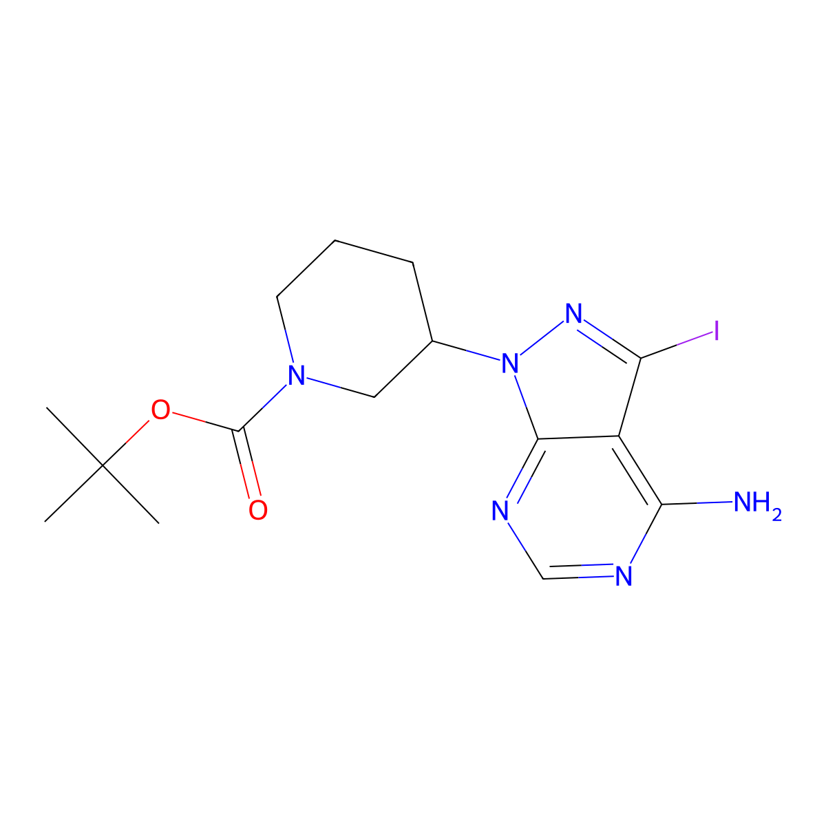 (R)-tert-Butyl 3-(4-amino-3-iodo-1H-pyrazolo[3,4-d]pyrimidin-1-yl)piperidine-1-carboxylate molecular structure, CAS 1276110-38-3