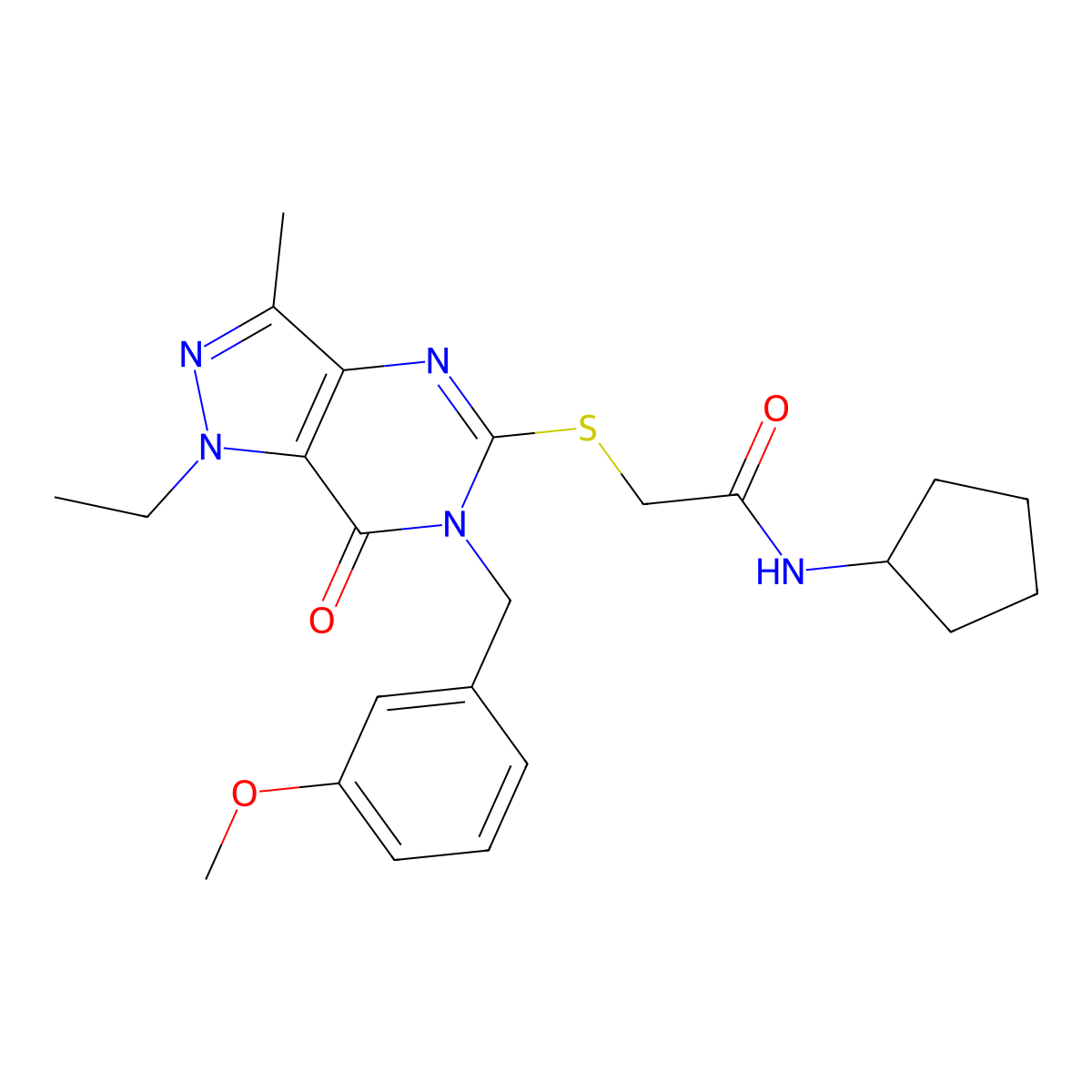 N-cyclopentyl-2-({1-ethyl-6-[(3-methoxyphenyl)methyl]-3-methyl-7-oxo-1H,6H,7H-pyrazolo[4,3-d]pyrimidin-5-yl}sulfanyl)acetamide molecular structure, CAS 1276296-46-8