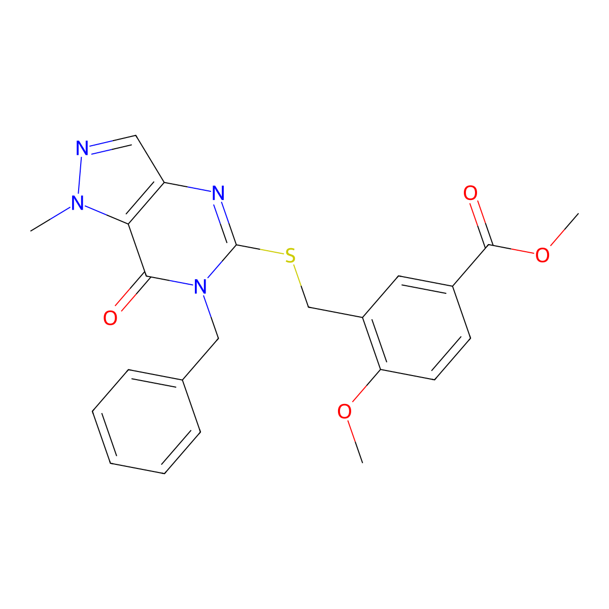 methyl 3-{[(6-benzyl-1-methyl-7-oxo-6,7-dihydro-1H-pyrazolo[4,3-d]pyrimidin-5-yl)sulfanyl]methyl}-4-methoxybenzoate molecular structure, CAS 1276339-59-3