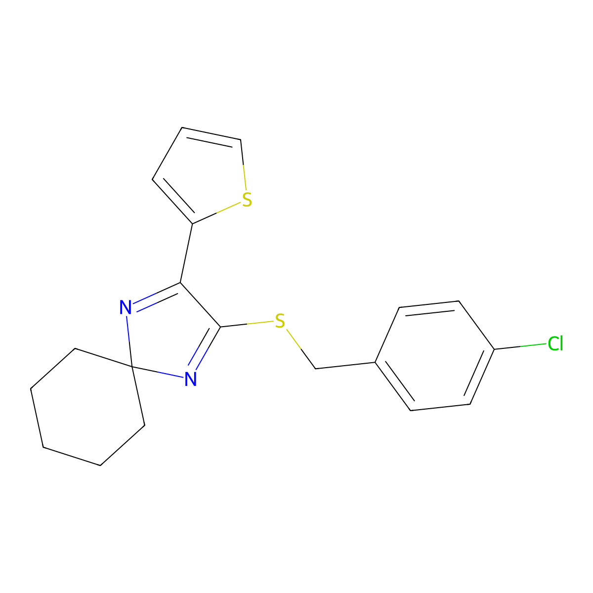 2-((4-Chlorobenzyl)thio)-3-(thiophen-2-yl)-1,4-diazaspiro[4.5]deca-1,3-diene molecular structure, CAS 1276469-63-6