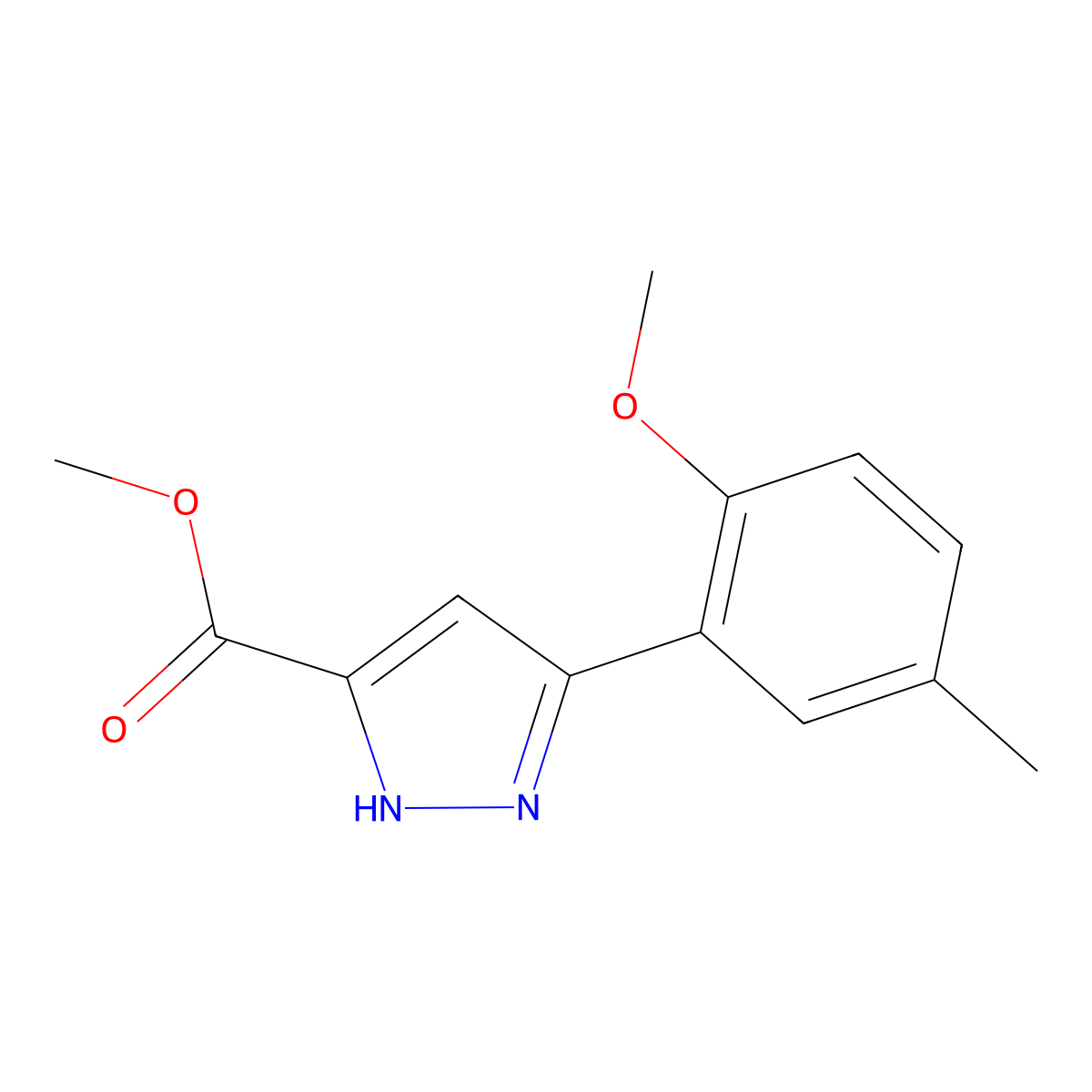 methyl 3-(2-methoxy-5-methylphenyl)-1H-pyrazole-5-carboxylate molecular structure, CAS 1276540-43-2