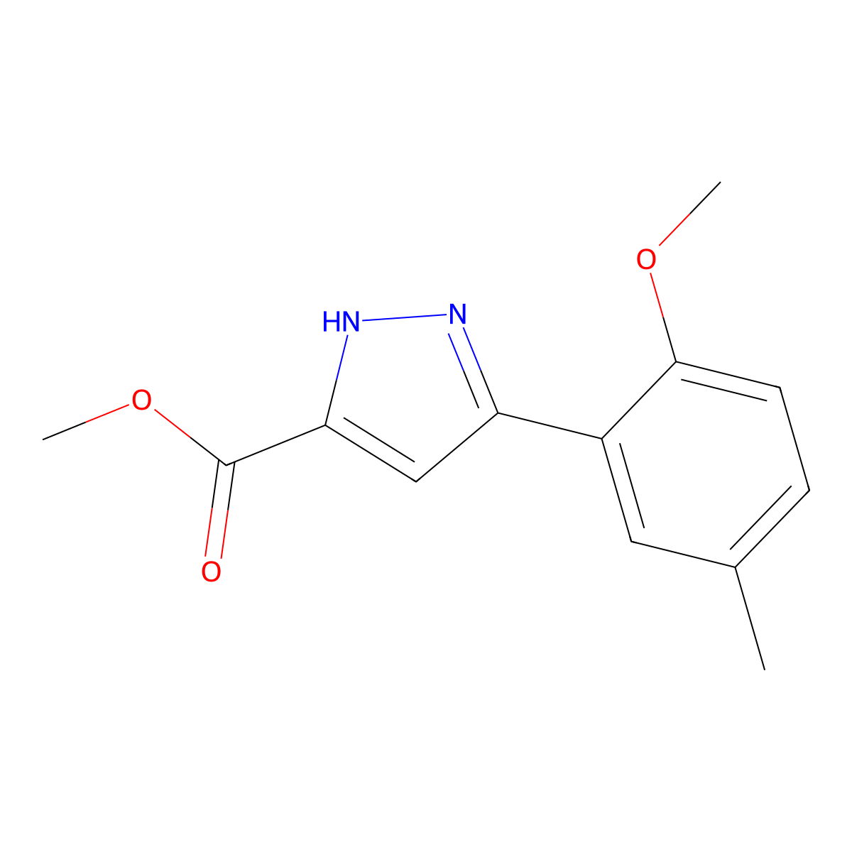 methyl 3-(2-methoxy-5-methylphenyl)-1H-pyrazole-5-carboxylate molecular structure, CAS 1276540-43-2