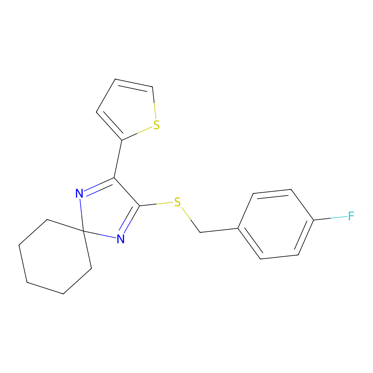 2-((4-Fluorobenzyl)thio)-3-(thiophen-2-yl)-1,4-diazaspiro[4.5]deca-1,3-diene molecular structure, CAS 1276620-23-5