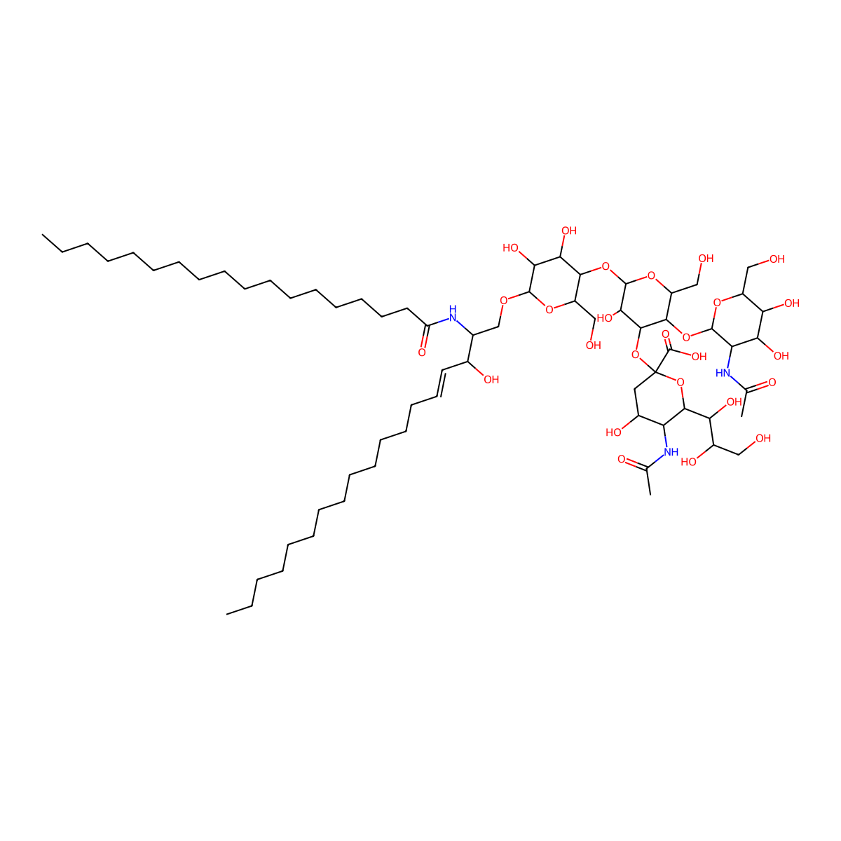 (2S,3R,4E)-3-hydroxy-2-(octadecanoylamino)octadec-4-en-1-yl 2-acetamido-2-deoxy-beta-D-galactopyranosyl-(1->4)-[5-acetamido-3,5-dideoxy-D-glycero-alpha-D-galacto-non-2-ulopyranonosyl-(2->3)]-beta-D-galactopyranosyl-(1->4)-beta-D-glucopyranoside molecular structure, CAS 127663-77-8