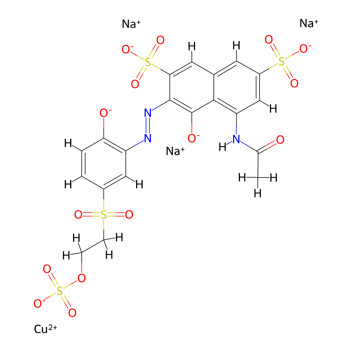 Cuprate(3-), [5-(acetylamino)-4-(hydroxy-kappaO)-3-[2-[2-(hydroxy-kappaO)-5-[[2-(sulfooxy)ethyl]sulfonyl]phenyl]diazenyl-kappaN1]-2,7-naphthalenedisulfonato(5-)]-, sodium (1:3) molecular structure, CAS 12769-08-3