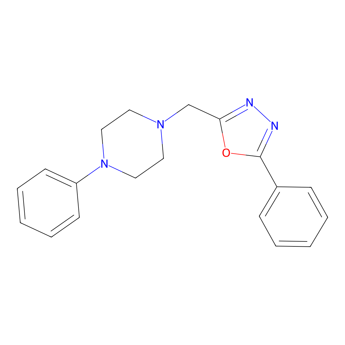 Piperazine, 1-phenyl-4-((5-phenyl-1,3,4-oxadiazol-2-yl)methyl)- molecular structure, CAS 127718-45-0