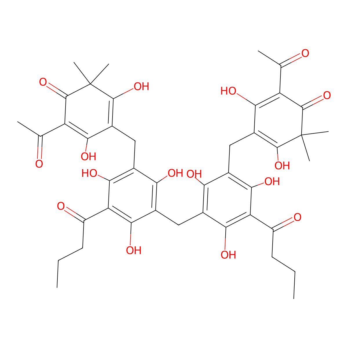4,4'-(Methylenebis((5-butanoyl-2,4,6-trihydroxy-3,1-phenylene)methylene))bis(2-acetyl-3,5-dihydroxy-6,6-dimethylcyclohexa-2,4-dien-1-one) molecular structure, CAS 12777-70-7