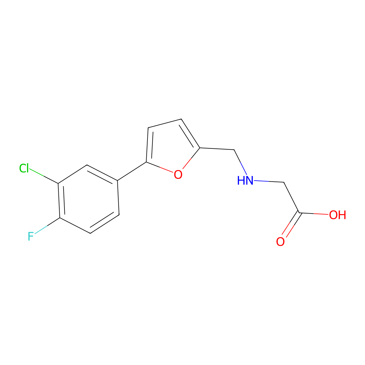 2-(((5-(3-Chloro-4-fluorophenyl)furan-2-yl)methyl)amino)acetic acid molecular structure, CAS 1279213-71-6