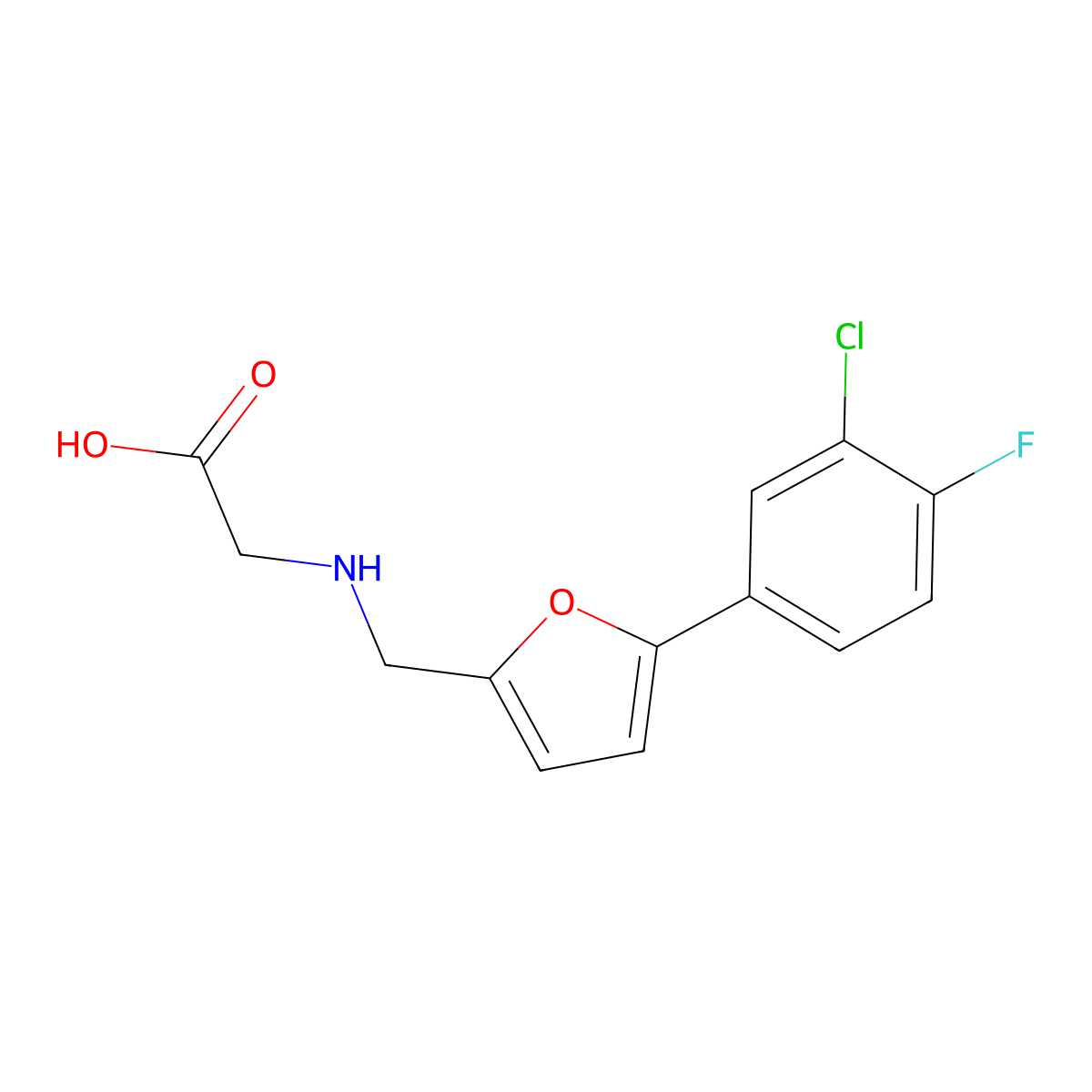 2-(((5-(3-Chloro-4-fluorophenyl)furan-2-yl)methyl)amino)acetic acid molecular structure, CAS 1279213-71-6
