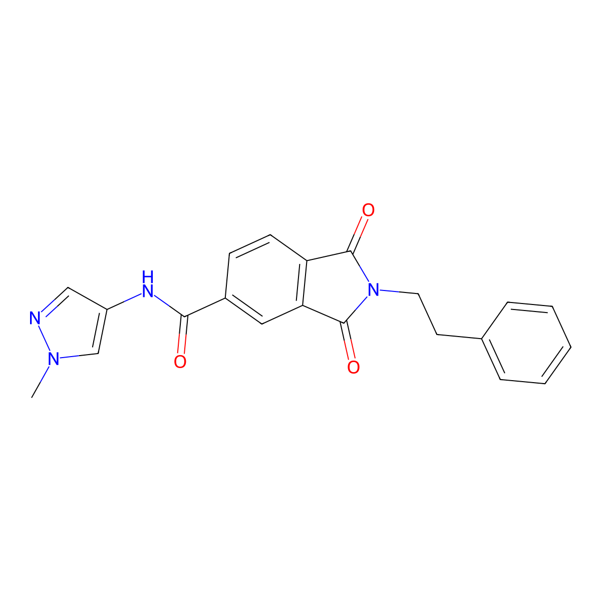 N-(1-methyl-1H-pyrazol-4-yl)-1,3-dioxo-2-(2-phenylethyl)-2,3-dihydro-1H-isoindole-5-carboxamide molecular structure, CAS 1279315-80-8