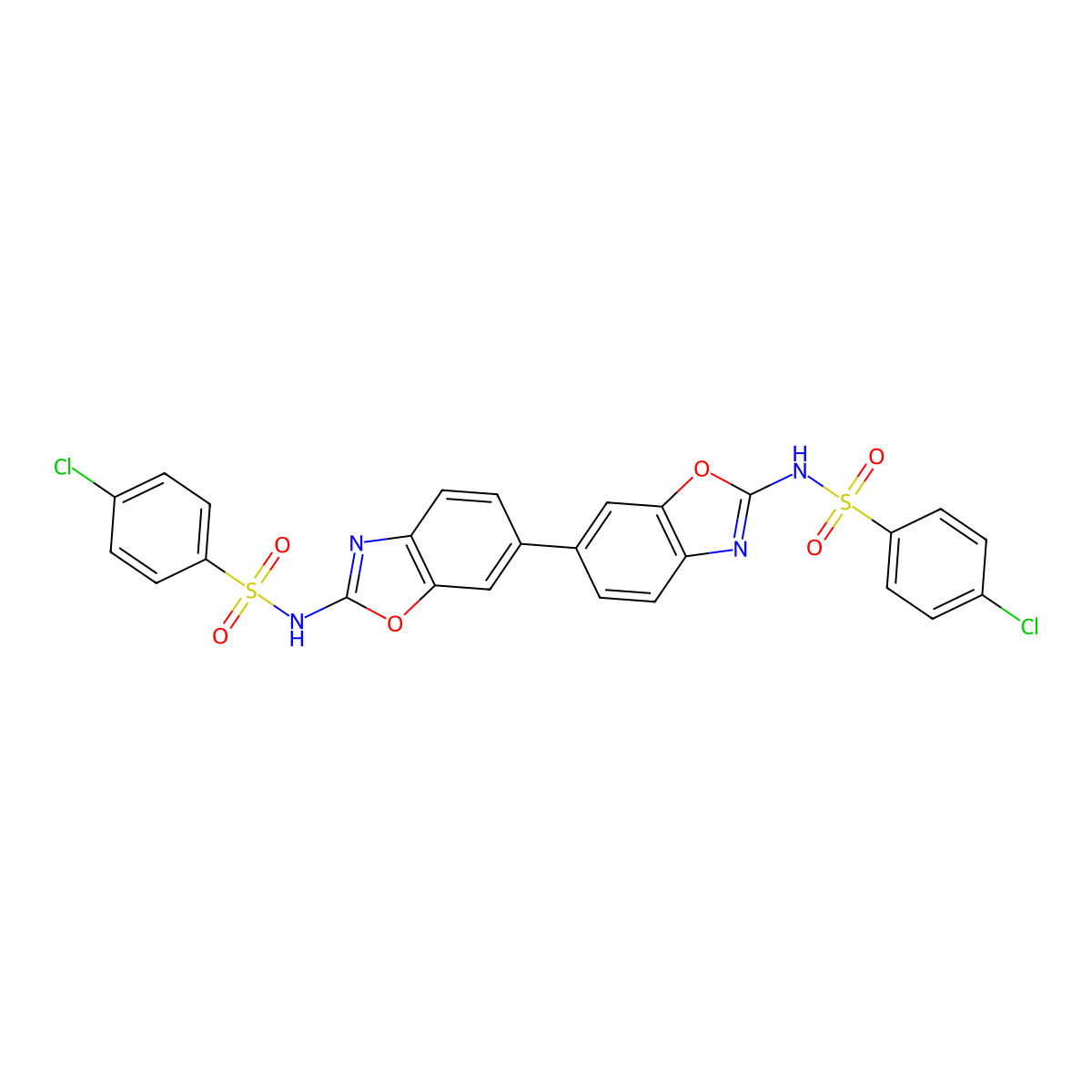4-chloro-N-[6-[2-[(4-chlorophenyl)sulfonylamino]-1,3-benzoxazol-6-yl]-1,3-benzoxazol-2-yl]benzenesulfonamide molecular structure, CAS 127933-44-2