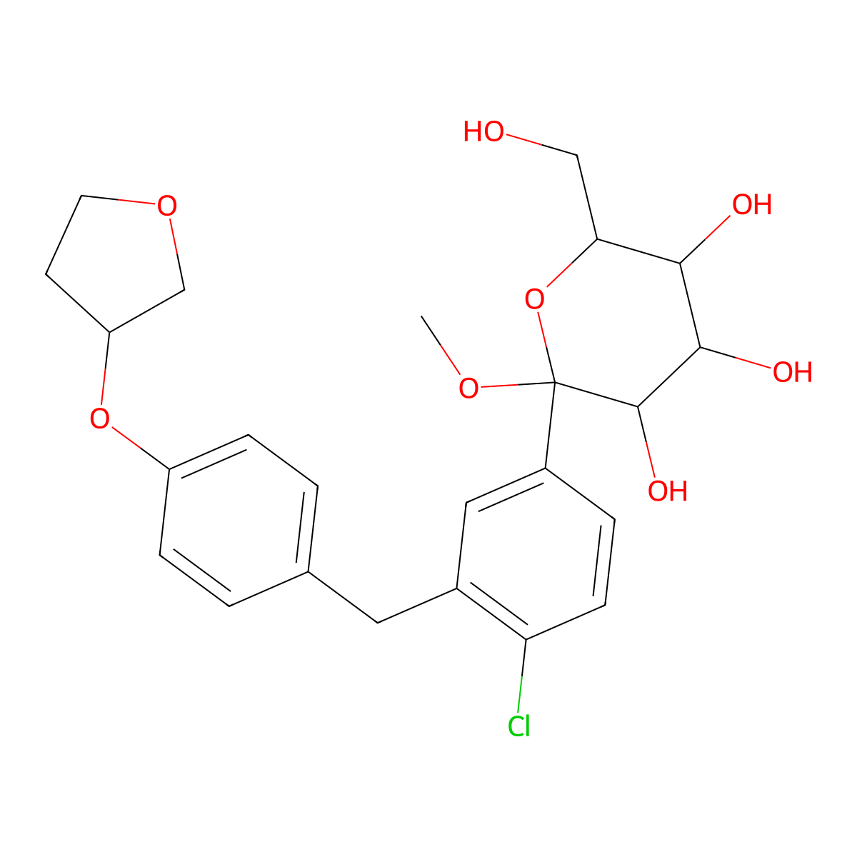 (2S,3R,4S,5S,6R)-2-(4-Chloro-3-(4-(((S)-tetrahydrofuran-3-YL)oxy)benzyl)phenyl)-6-(hydroxymethyl)-2-methoxytetrahydro-2H-pyran-3,4,5-triol molecular structure, CAS 1279691-36-9