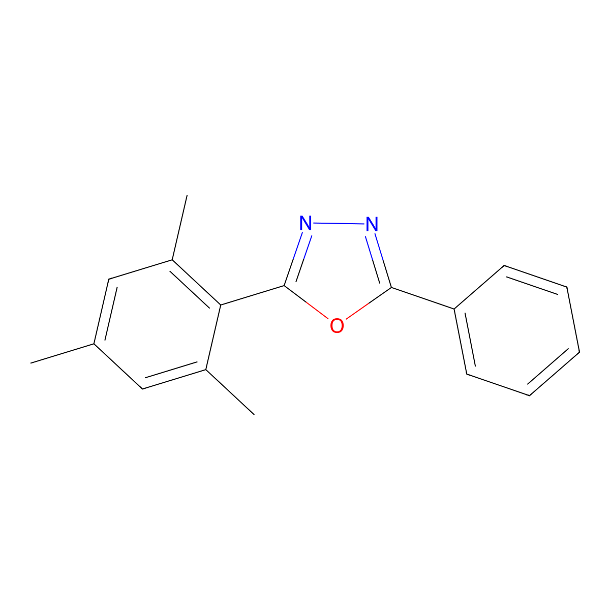 2-Phenyl-5-(2,4,6-trimethylphenyl)-1,3,4-oxadiazole molecular structure, CAS 128030-40-0