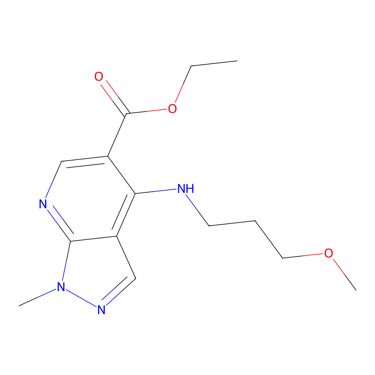 ethyl 4-[(3-methoxypropyl)amino]-1-methyl-1H-pyrazolo[3,4-b]pyridine-5-carboxylate molecular structure, CAS 1280538-16-0