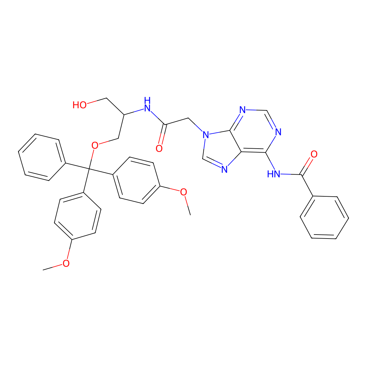 N-(9-({[(2R)-1-(bis(4-methoxyphenyl)(phenyl)methoxy)-3-hydroxypropan-2-yl]carbamoyl}methyl)-9H-purin-6-yl)benzamide molecular structure, CAS 1280548-87-9