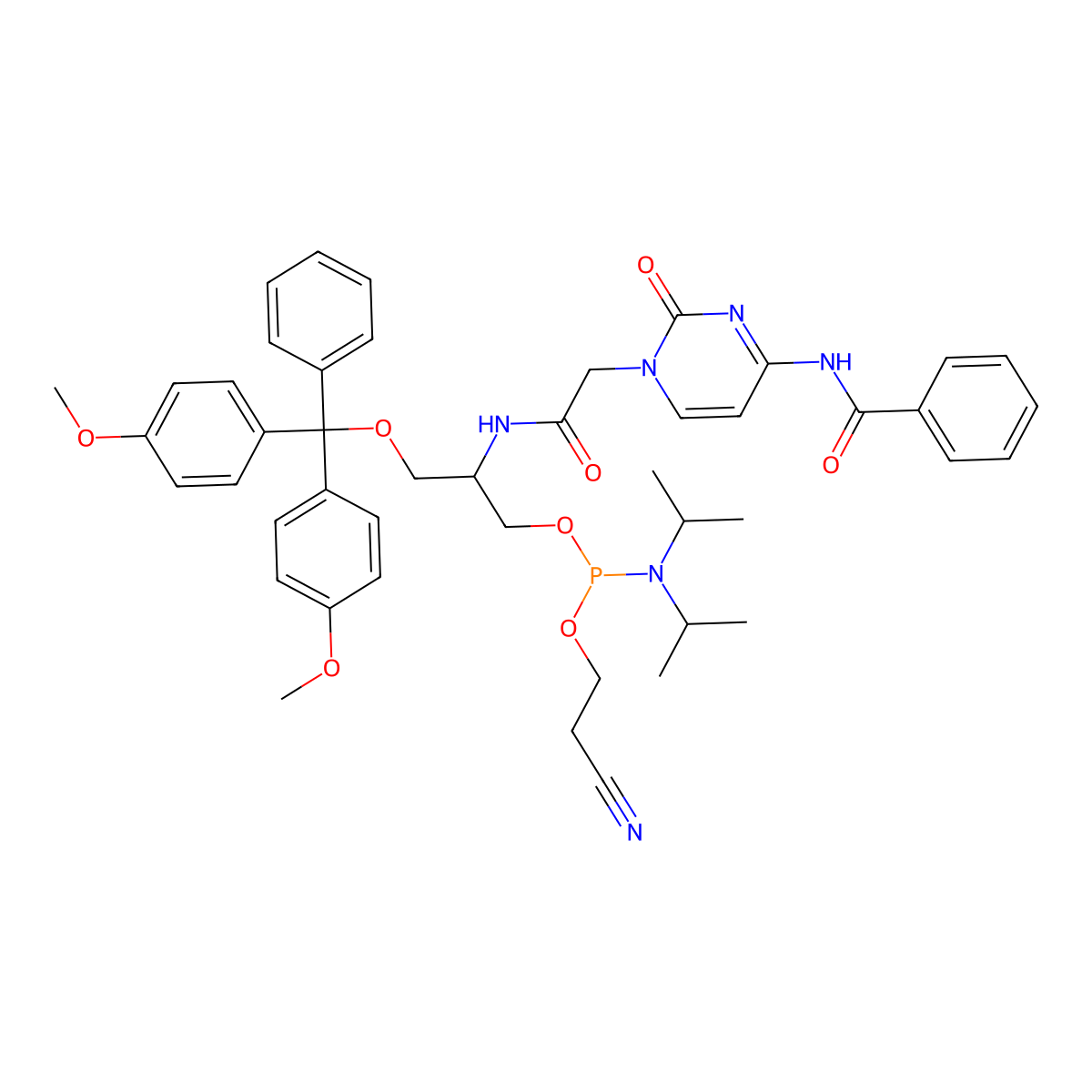 (S)-2-(2-(4-benzamido-2-oxopyrimidin-1(2H)-yl)acetamido)-3-(bis(4-methoxyphenyl)(phenyl)methoxy)propyl (2-cyanoethyl) diisopropylphosphoramidite molecular structure, CAS 1280548-93-7