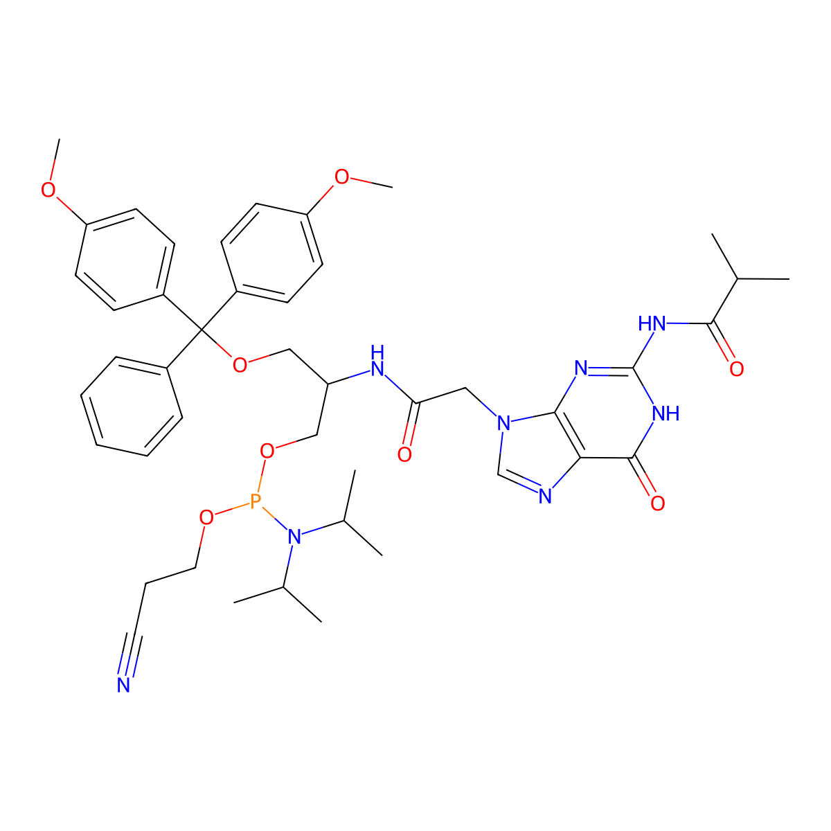 (S)-3-(bis(4-methoxyphenyl)(phenyl)methoxy)-2-(2-(2-isobutyramido-6-oxo-1H-purin-9(6H)-yl)acetamido)propyl (2-cyanoethyl) diisopropylphosphoramidite molecular structure, CAS 1280548-97-1