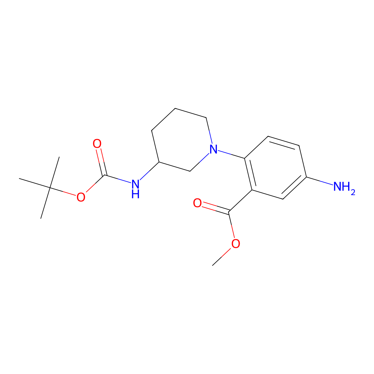 Methyl 5-amino-2-(3-{[(tert-butoxy)carbonyl]amino}piperidin-1-yl)benzoate molecular structure, CAS 1280787-20-3