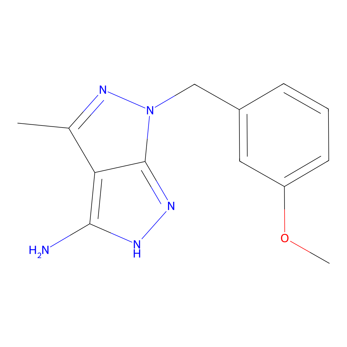 6-((3-methoxyphenyl)methyl)-4-methyl-5H,6H-(1,2)diazolo(3,4-c)pyrazol-3-amine molecular structure, CAS 1280804-28-5