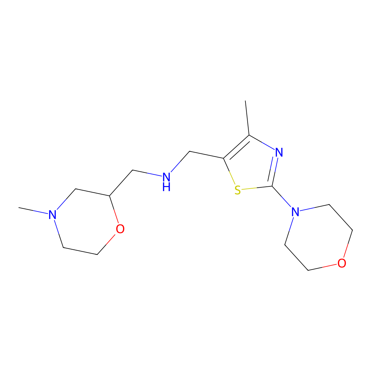 ((4-Methyl-2-(morpholin-4-yl)-1,3-thiazol-5-yl)methyl)((4-methylmorpholin-2-yl)methyl)amine molecular structure, CAS 1280938-35-3