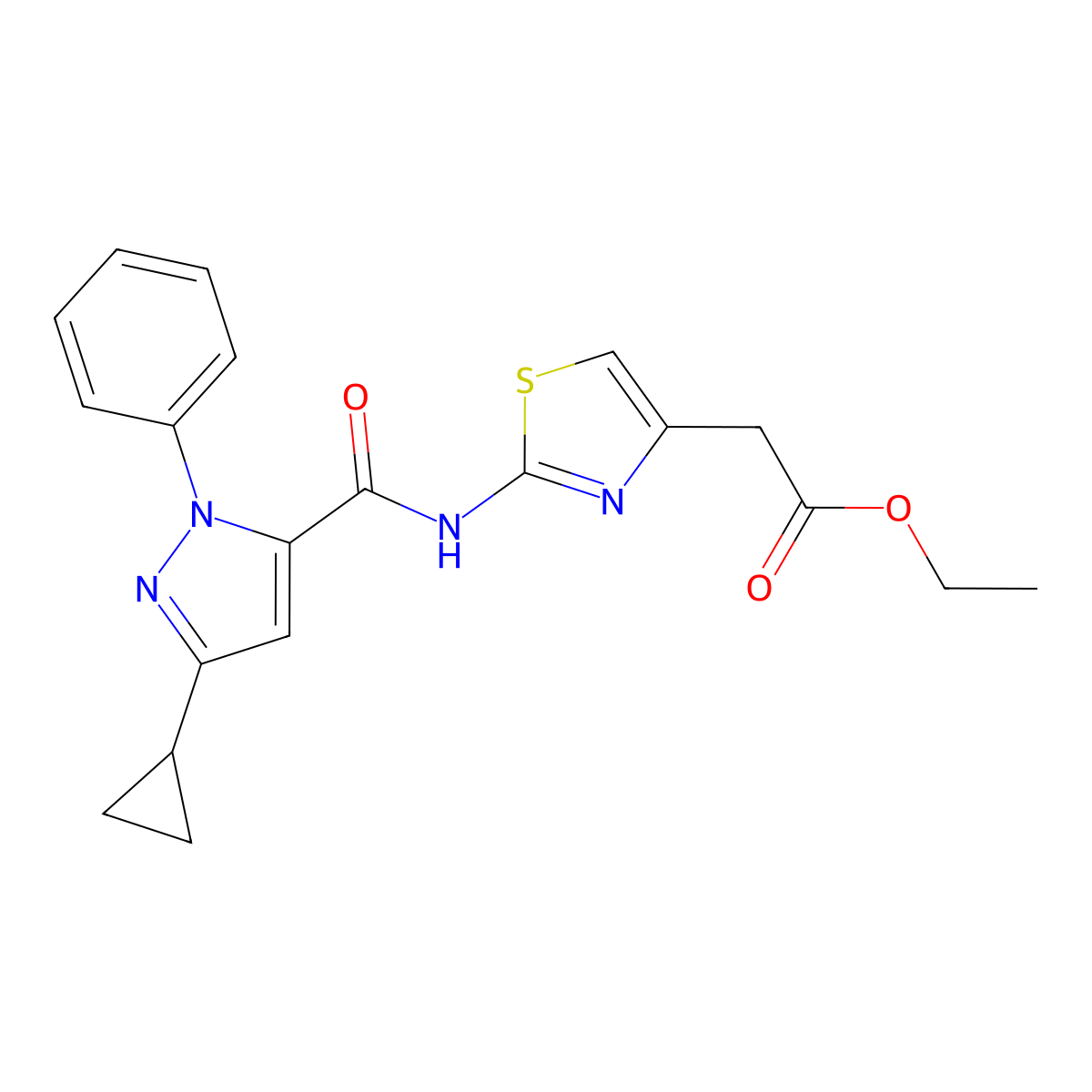 ethyl (2-{[(3-cyclopropyl-1-phenyl-1H-pyrazol-5-yl)carbonyl]amino}-1,3-thiazol-4-yl)acetate molecular structure, CAS 1281083-64-4