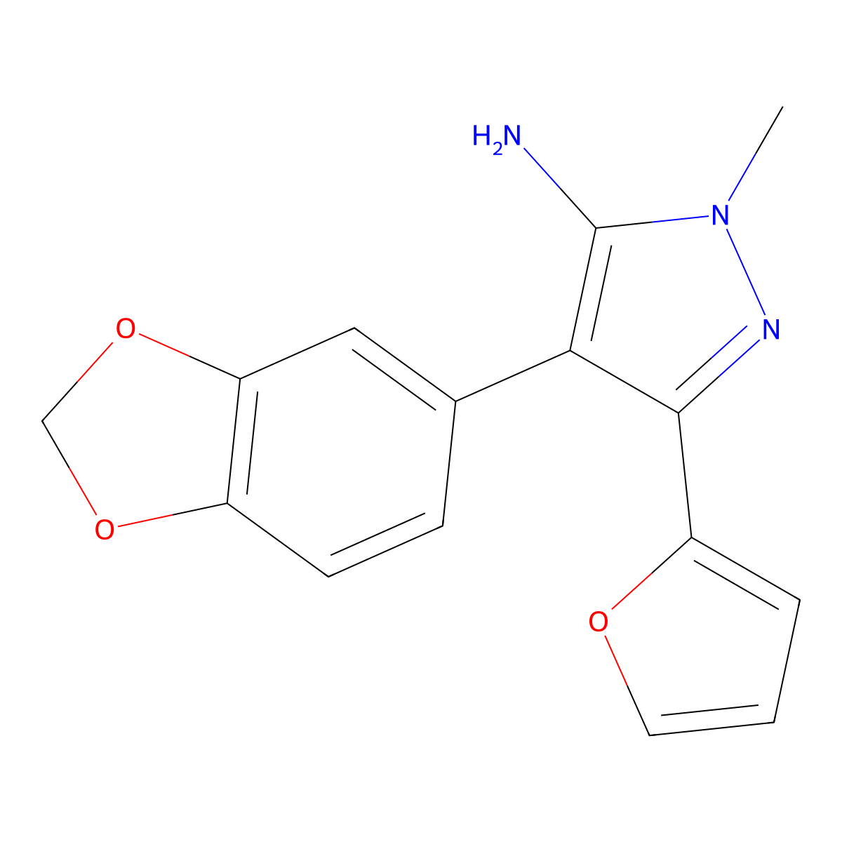 4-(2H-1,3-benzodioxol-5-yl)-5-(furan-2-yl)-2-methyl-2,3-dihydro-1H-pyrazol-3-imine molecular structure, CAS 1281133-29-6
