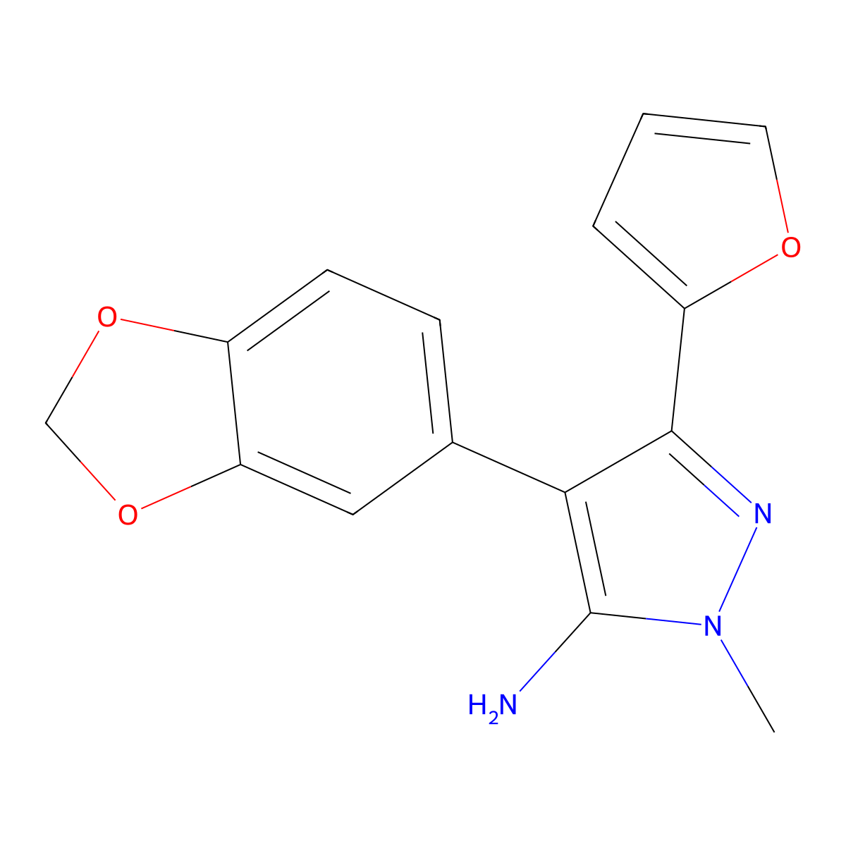 4-(2H-1,3-benzodioxol-5-yl)-5-(furan-2-yl)-2-methyl-2,3-dihydro-1H-pyrazol-3-imine molecular structure, CAS 1281133-29-6