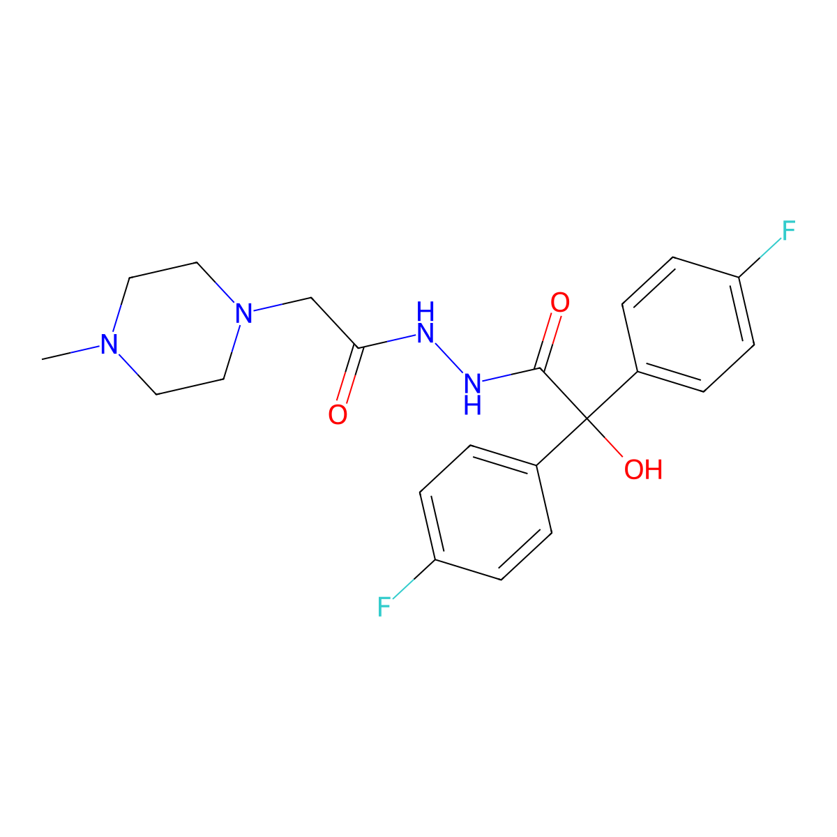 1-Piperazineacetic acid, 4-methyl-, 2-(bis(4-fluorophenyl)hydroxyacetyl)hydrazide molecular structure, CAS 128156-88-7