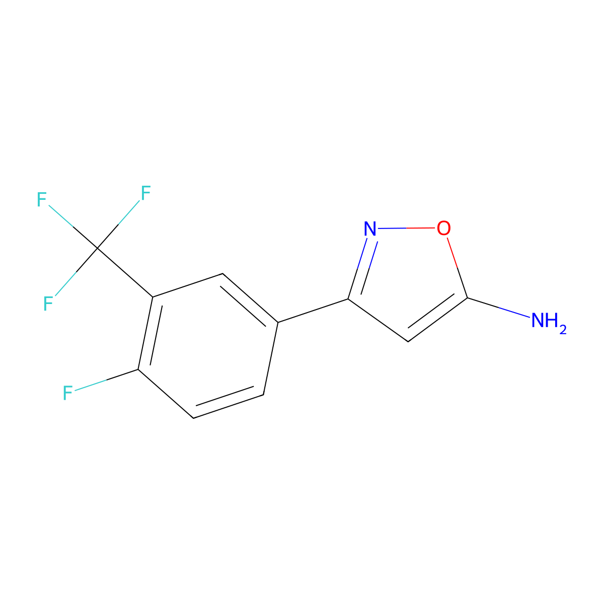 3-(4-Fluoro-3-(trifluoromethyl)phenyl)isoxazol-5-amine molecular structure, CAS 1281721-00-3