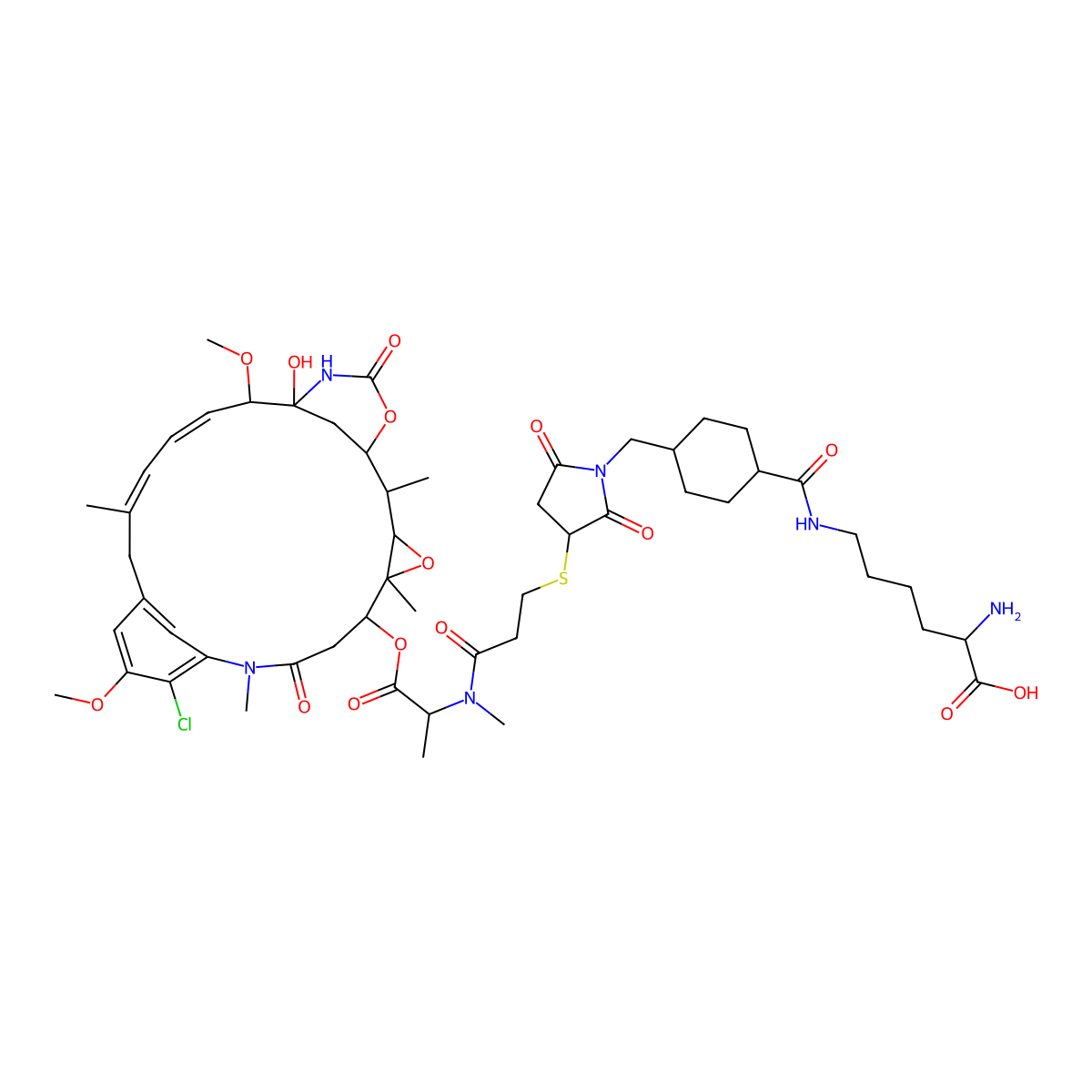 (2S)-2-amino-6-[[4-[[3-[3-[[(2S)-1-[[(1S,2R,3R,5S,6S,20R,21S)-11-chloro-21-hydroxy-12,20-dimethoxy-2,5,9,16-tetramethyl-8,23-dioxo-4,24-dioxa-9,22-diazatetracyclo[19.3.1.110,14.03,5]hexacosa-10,12,14(26),16,18-pentaen-6-yl]oxy]-1-oxopropan-2-yl]-methylamino]-3-oxopropyl]sulfanyl-2,5-dioxopyrrolidin-1-yl]methyl]cyclohexanecarbonyl]amino]hexanoic acid molecular structure, CAS 1281816-04-3