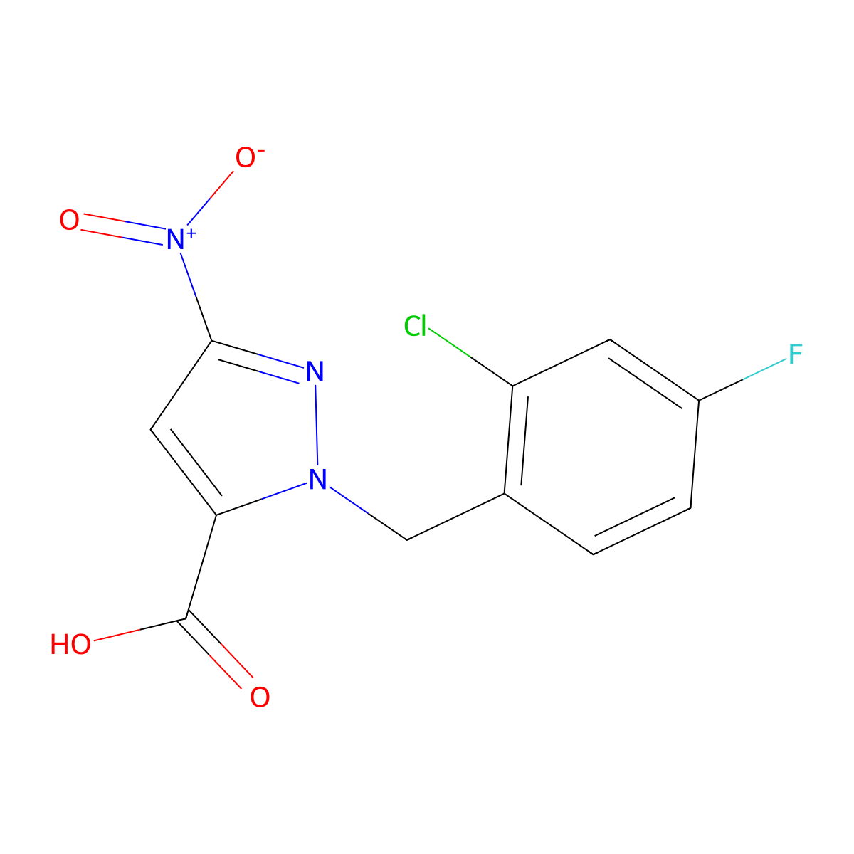 1-[(2-chloro-4-fluorophenyl)methyl]-3-nitro-1H-pyrazole-5-carboxylic acid molecular structure, CAS 1281872-39-6