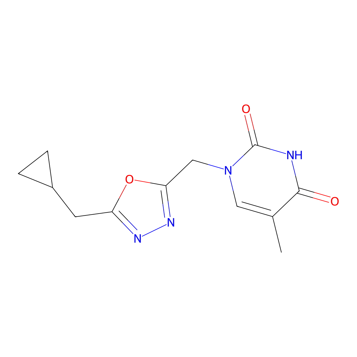 1-{[5-(Cyclopropylmethyl)-1,3,4-oxadiazol-2-yl]methyl}-5-methyl-1,2,3,4-tetrahydropyrimidine-2,4-dione molecular structure, CAS 1281872-44-3