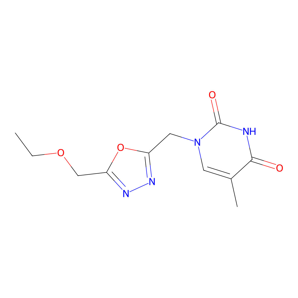 1-{[5-(Ethoxymethyl)-1,3,4-oxadiazol-2-yl]methyl}-5-methyl-1,2,3,4-tetrahydropyrimidine-2,4-dione molecular structure, CAS 1281872-62-5