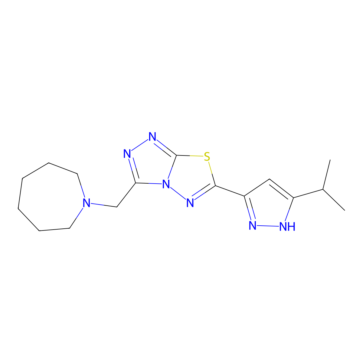 3-(azepan-1-ylmethyl)-6-[5-(propan-2-yl)-1H-pyrazol-3-yl][1,2,4]triazolo[3,4-b][1,3,4]thiadiazole molecular structure, CAS 1282094-72-7