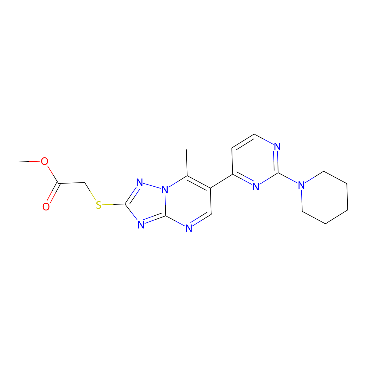 Methyl ({7-methyl-6-[2-(piperidin-1-yl)pyrimidin-4-yl][1,2,4]triazolo[1,5-a]pyrimidin-2-yl}sulfanyl)acetate molecular structure, CAS 1282094-85-2