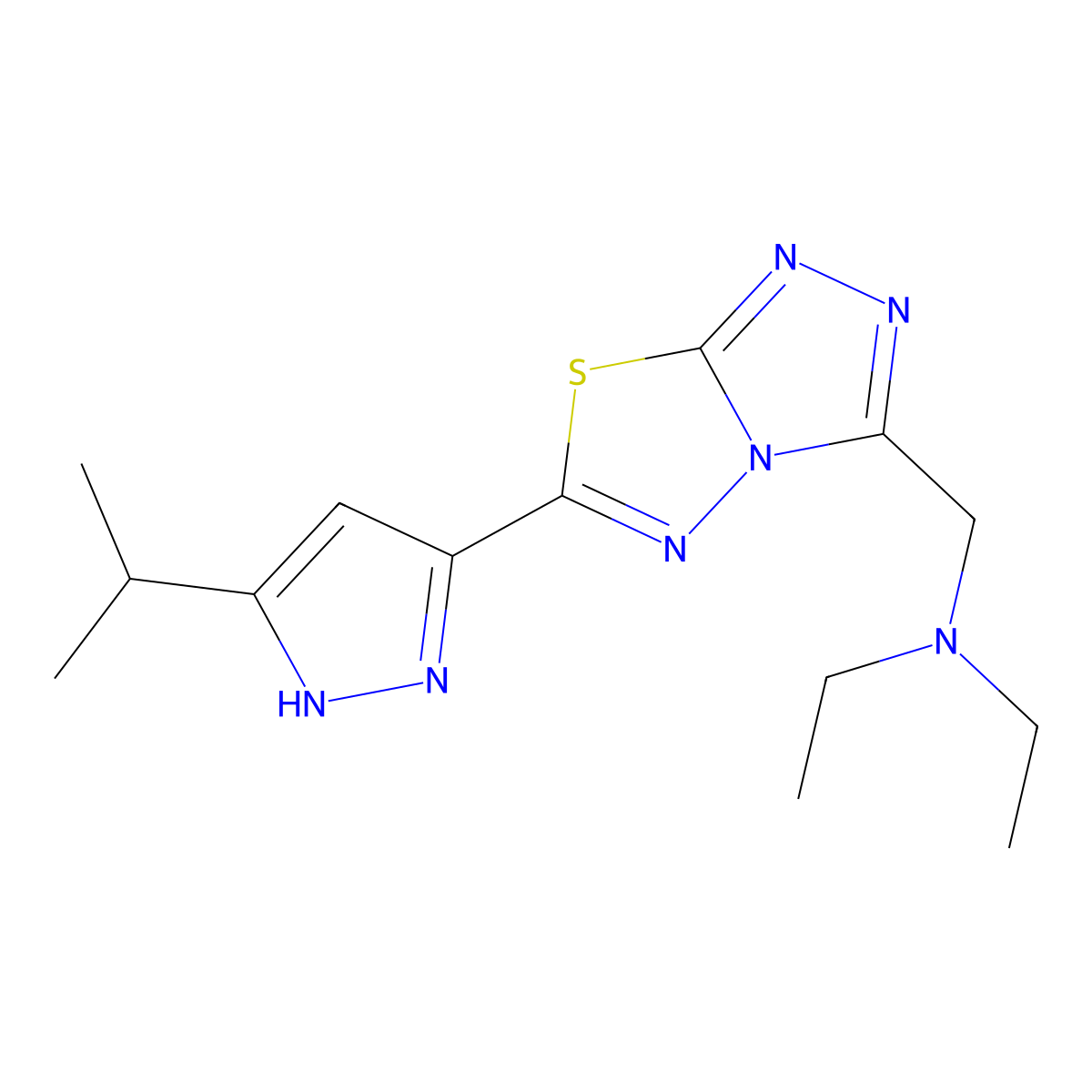 N-ethyl-N-({6-[5-(propan-2-yl)-1H-pyrazol-3-yl][1,2,4]triazolo[3,4-b][1,3,4]thiadiazol-3-yl}methyl)ethanamine molecular structure, CAS 1282094-86-3