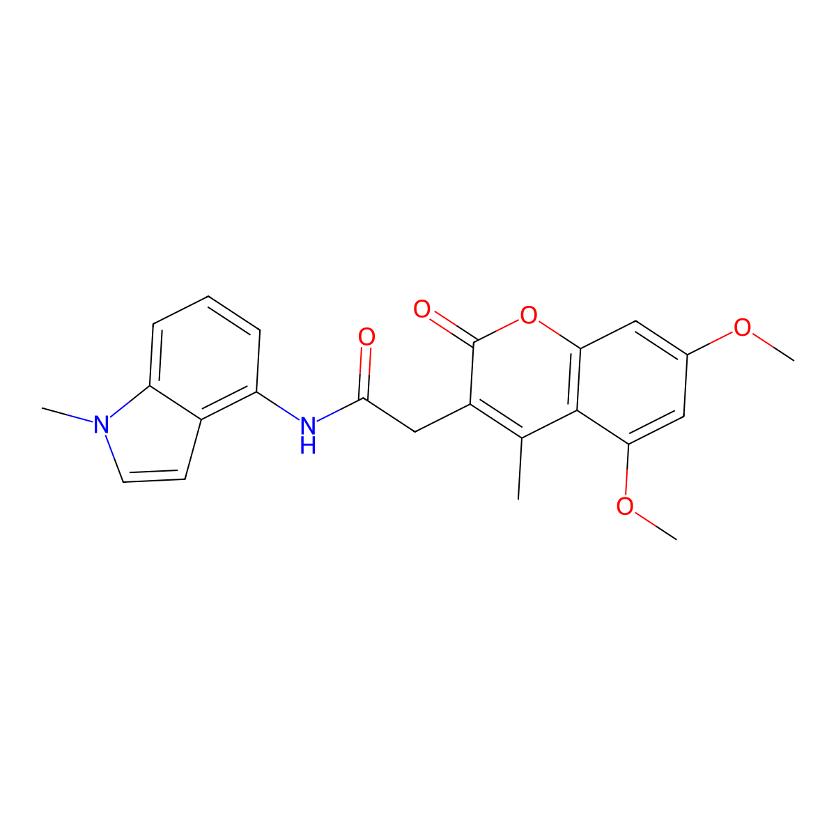 2-(5,7-dimethoxy-4-methyl-2-oxo-2H-chromen-3-yl)-N-(1-methyl-1H-indol-4-yl)acetamide molecular structure, CAS 1282095-00-4
