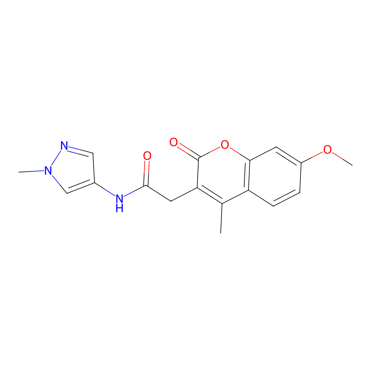 2-(7-methoxy-4-methyl-2-oxo-2H-chromen-3-yl)-N-(1-methyl-1H-pyrazol-4-yl)acetamide molecular structure, CAS 1282095-43-5