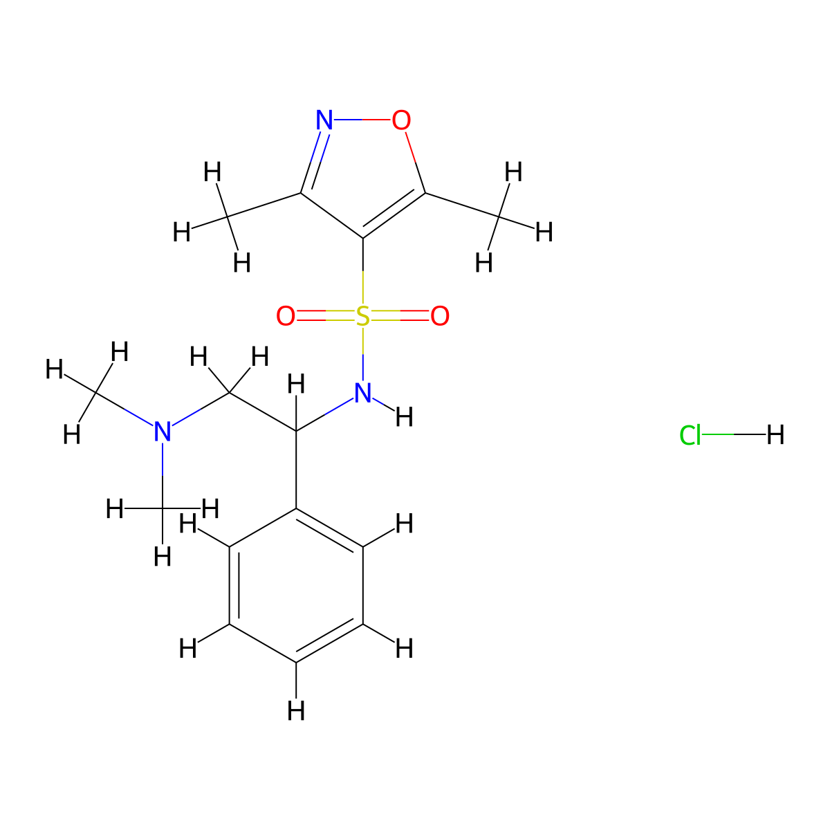 N-(2-(dimethylamino)-1-phenylethyl)-3,5-dimethylisoxazole-4-sulfonamide hydrochloride molecular structure, CAS 1282095-50-4