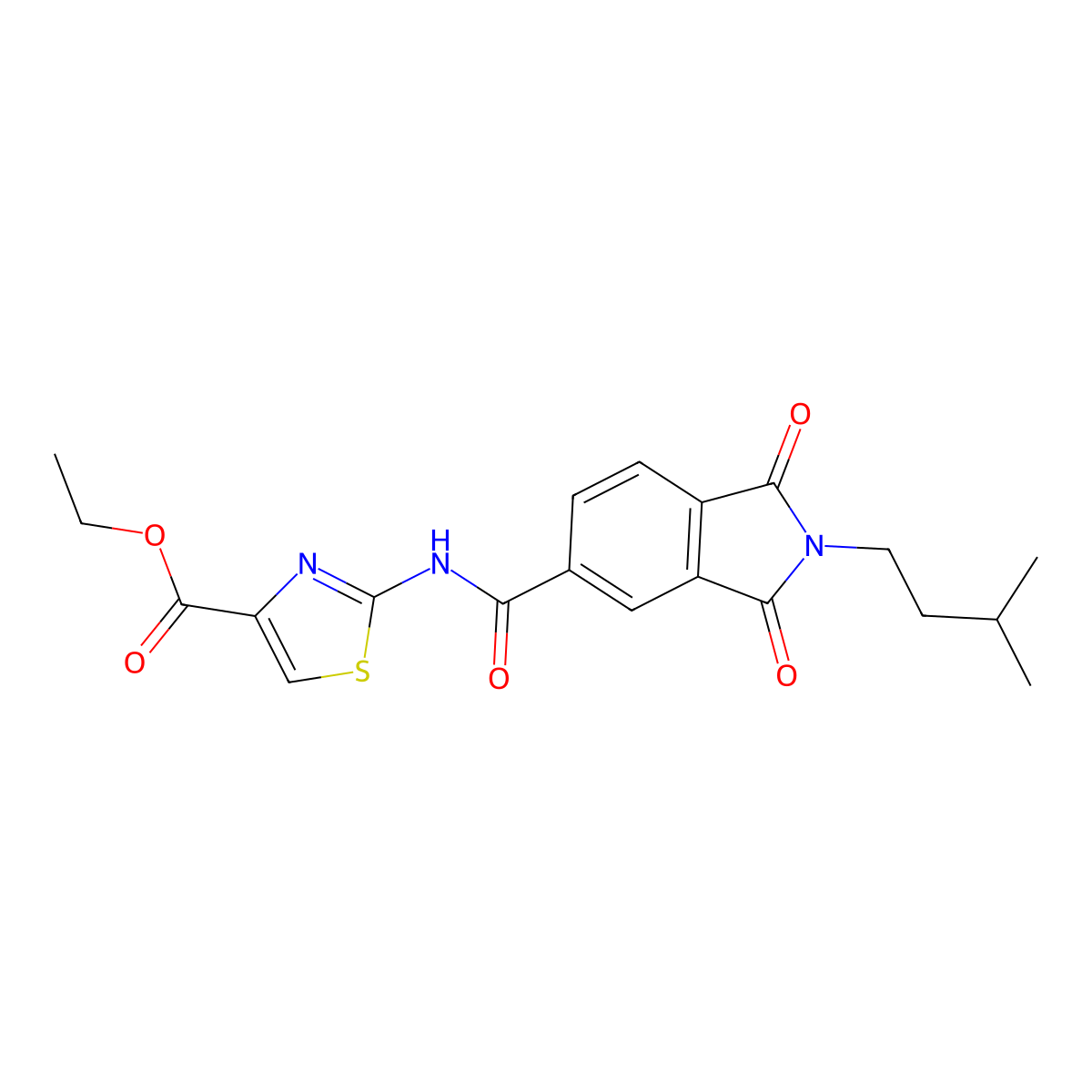 ethyl 2-({[2-(3-methylbutyl)-1,3-dioxo-2,3-dihydro-1H-isoindol-5-yl]carbonyl}amino)-1,3-thiazole-4-carboxylate molecular structure, CAS 1282097-03-3