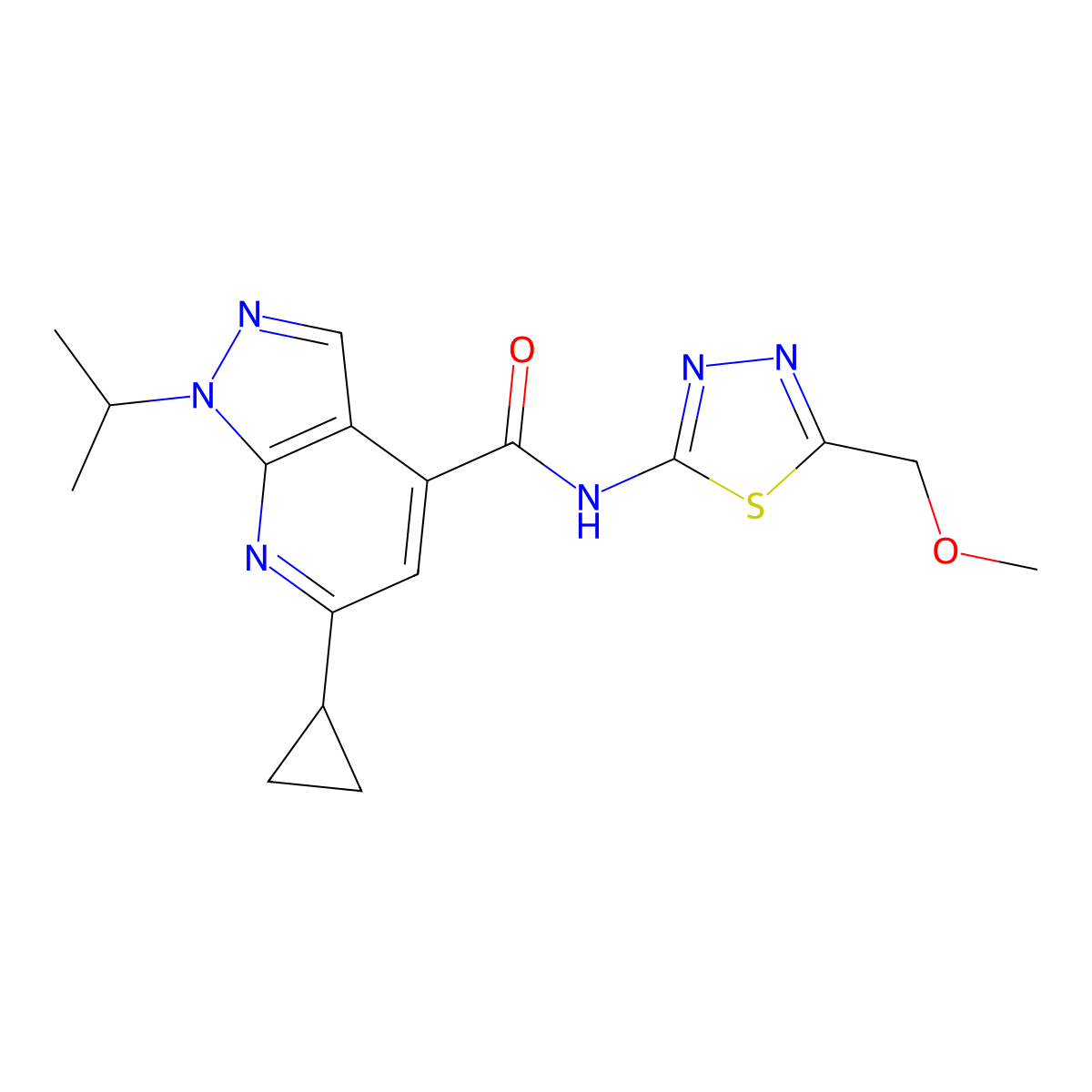 6-cyclopropyl-N-[(2E)-5-(methoxymethyl)-1,3,4-thiadiazol-2(3H)-ylidene]-1-(propan-2-yl)-1H-pyrazolo[3,4-b]pyridine-4-carboxamide molecular structure, CAS 1282097-83-9