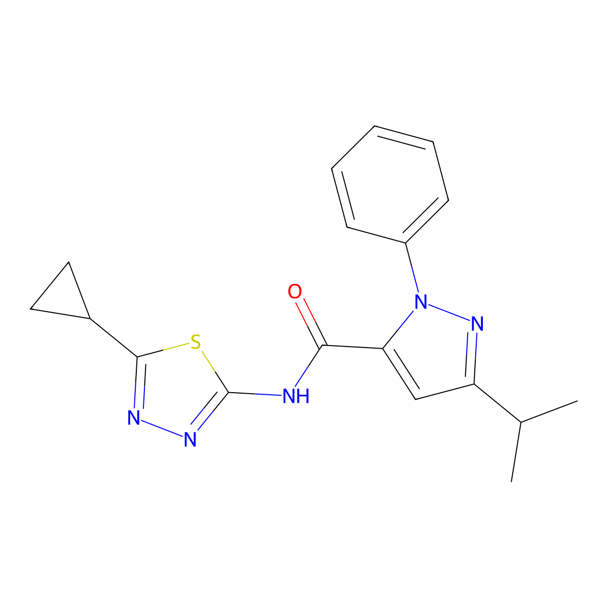 N-[(2Z)-5-cyclopropyl-1,3,4-thiadiazol-2(3H)-ylidene]-1-phenyl-3-(propan-2-yl)-1H-pyrazole-5-carboxamide molecular structure, CAS 1282098-64-9